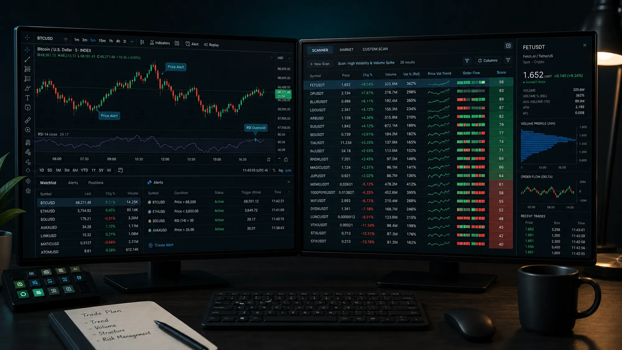 Crypto chart with volume anomaly signals next to a live scanner workflow