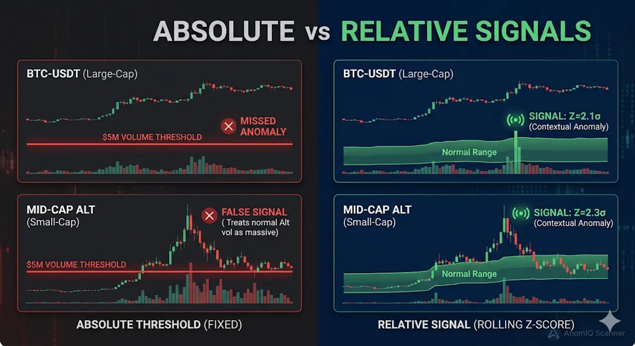 Relative vs Absolute Signals: Why Fixed Thresholds Fail Crypto Scanners blog post