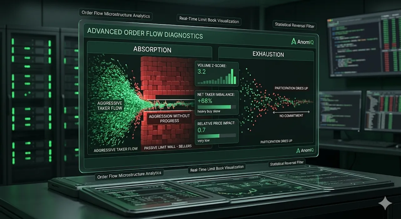 Order Flow Absorption and Exhaustion: Three Live Examples With Full Scanner Data blog post