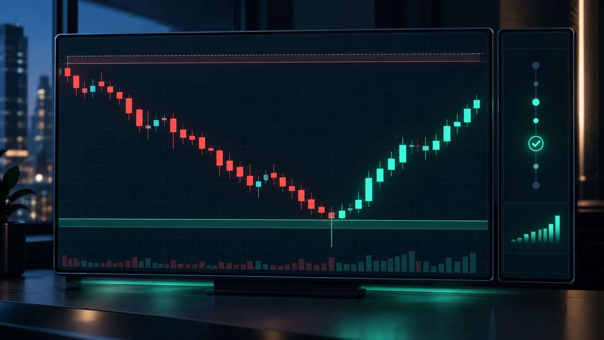 Crypto candlestick chart testing a daily low support level before recovering upward