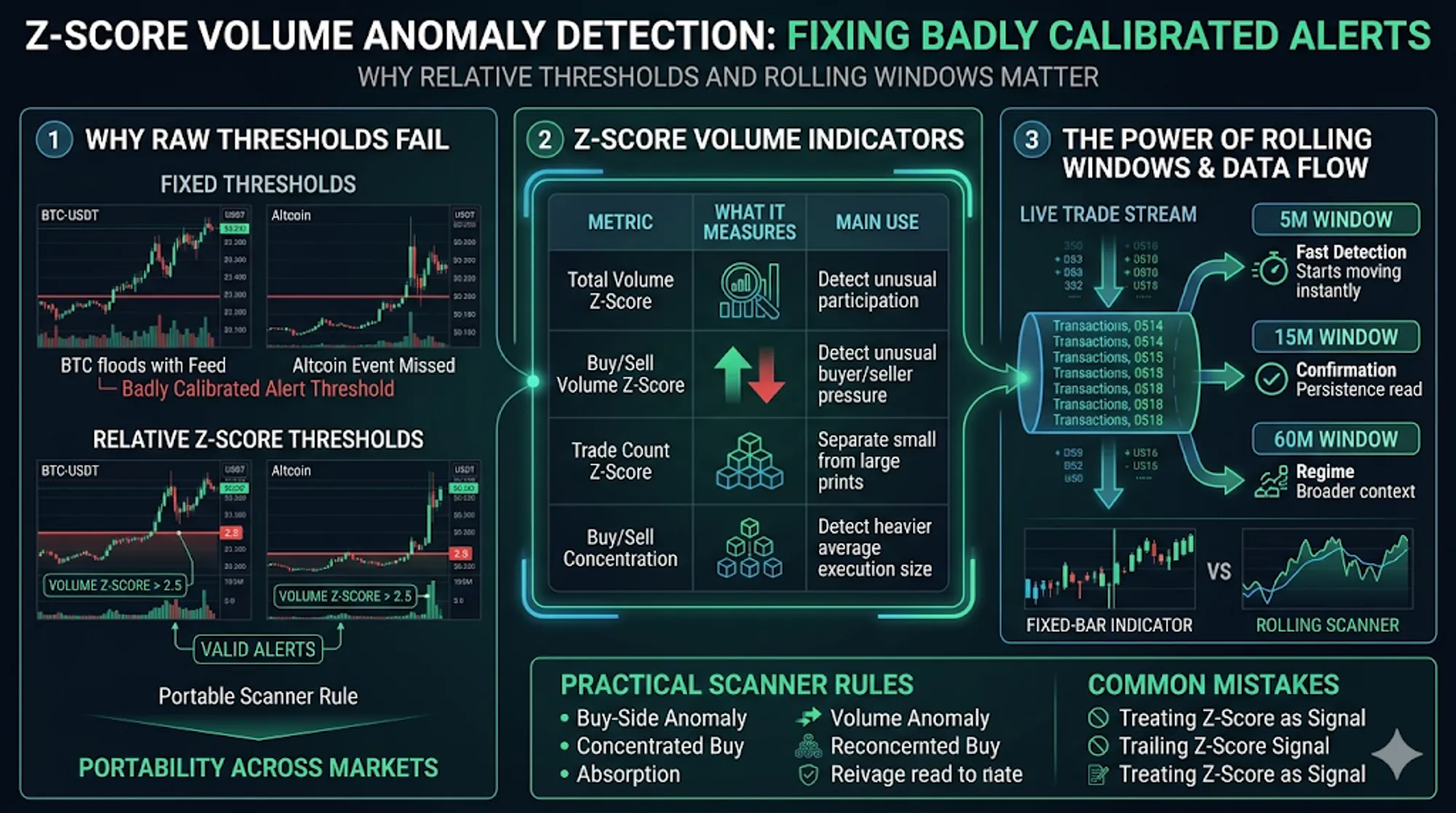 Crypto market scanner showing rolling z-score volume anomaly detection across total, buy-side, and sell-side volume