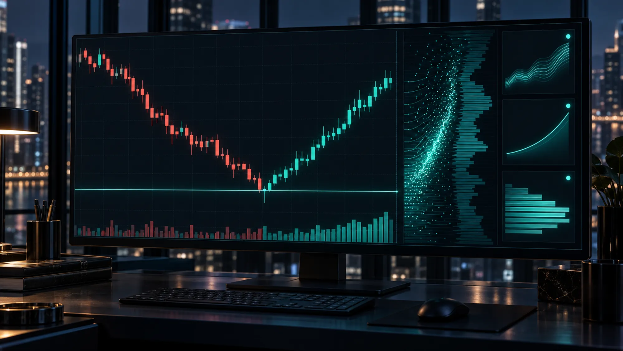 Illustration of a crypto chart falling to a horizontal support level and recovering, with rising volume bars and order flow panels beside it