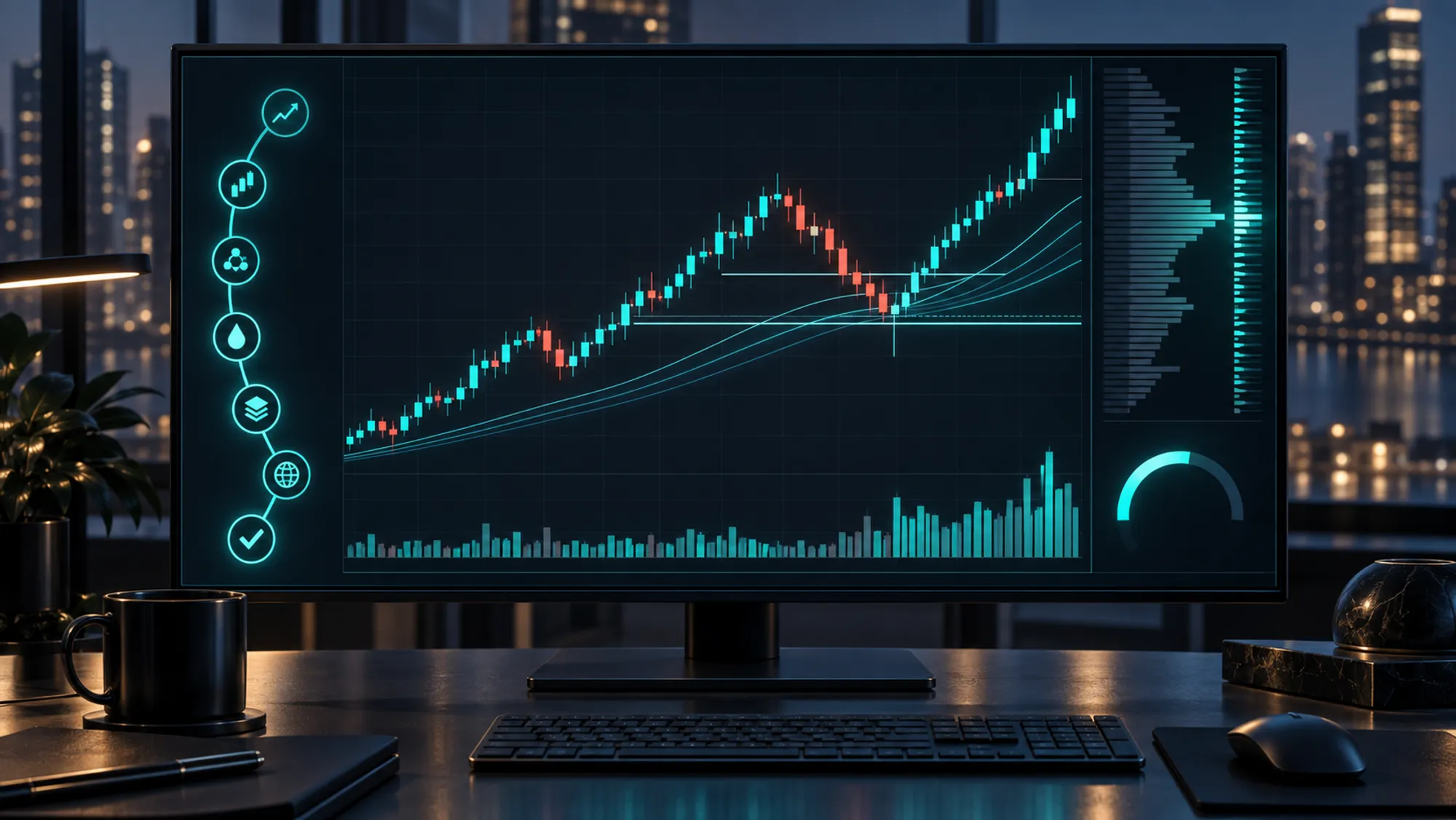 Illustration of a crypto chart pulling back to a prior level in an uptrend, beside a seven-step checklist and volume profile