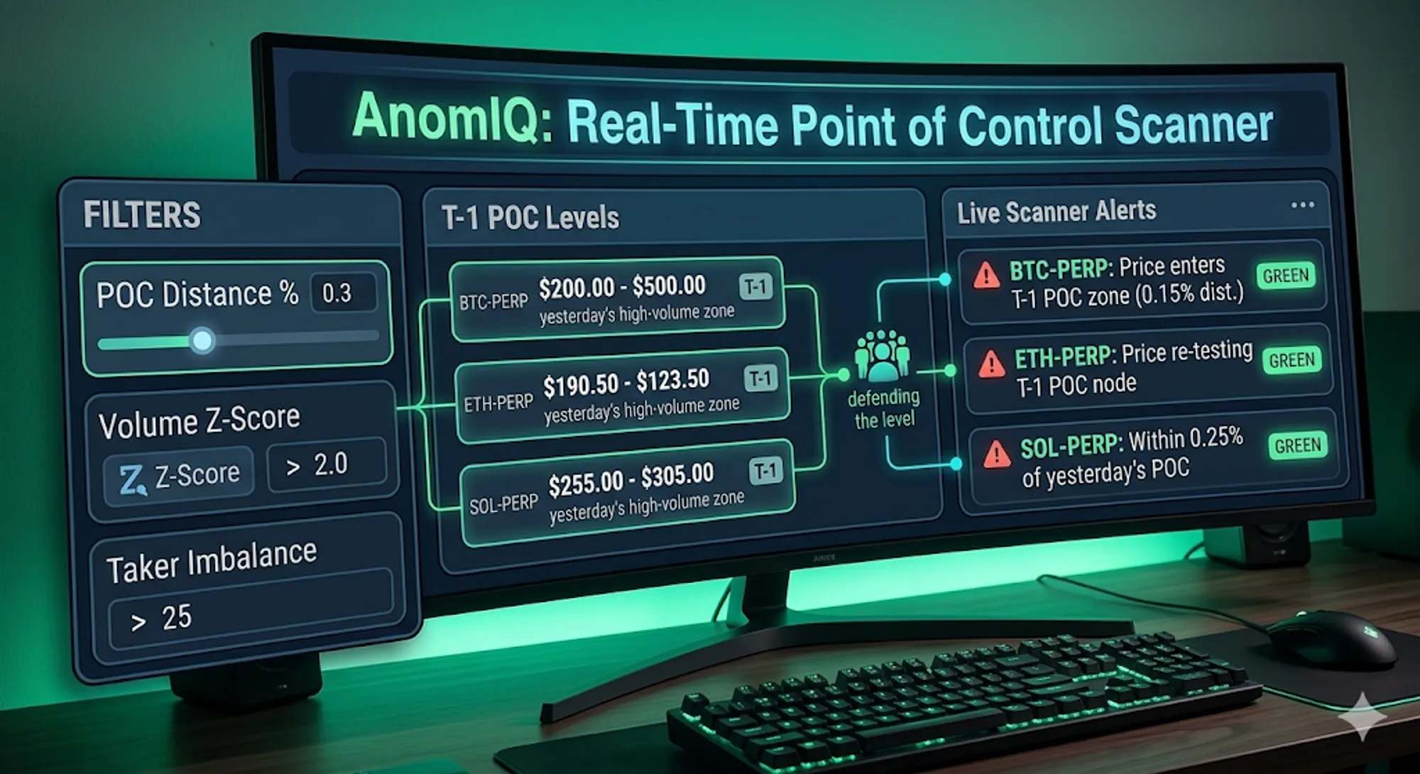 AnomIQ scanner interface showing previous-day volume profile filters for POC, HVN, LVN, VAH and VAL